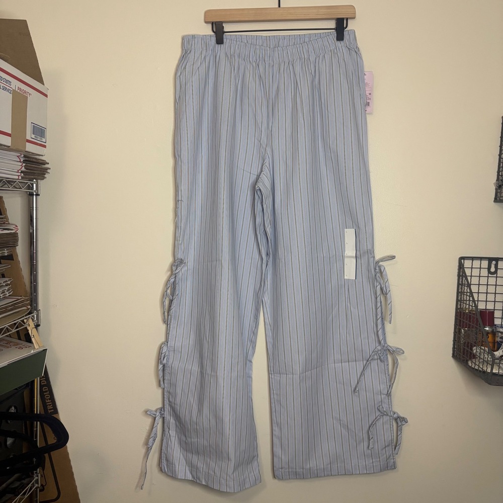 Women's Large Wide Leg‎ Pants Target Blue Striped Tie Detail High Waist New - Picture 3 of 9
